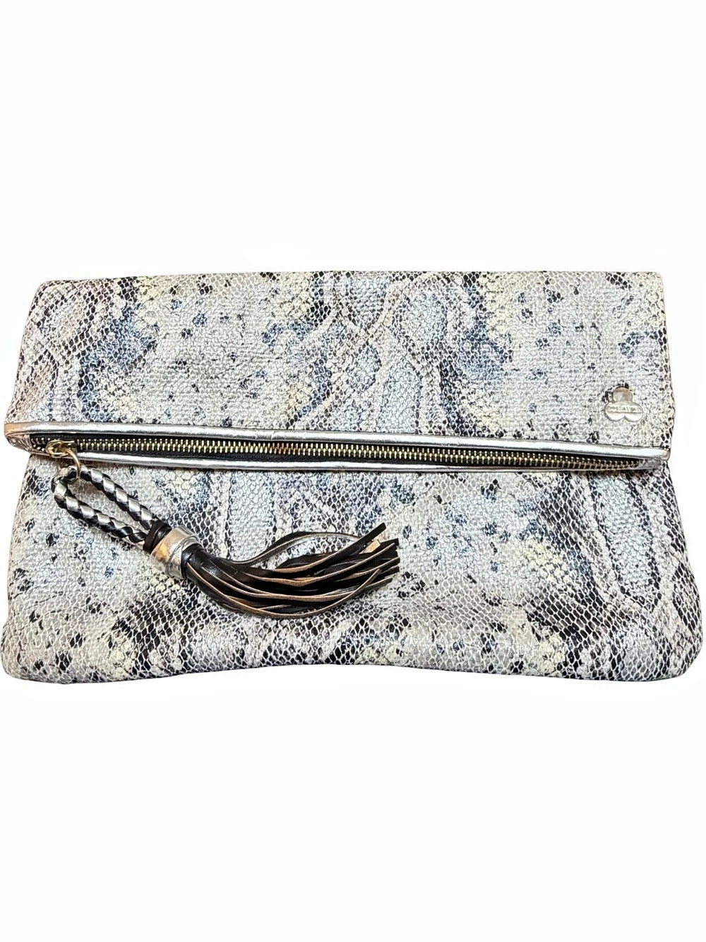 Clava- Women's Fold-over Faux Snakeskin Tassel Clutch in Gray, Black & Silver